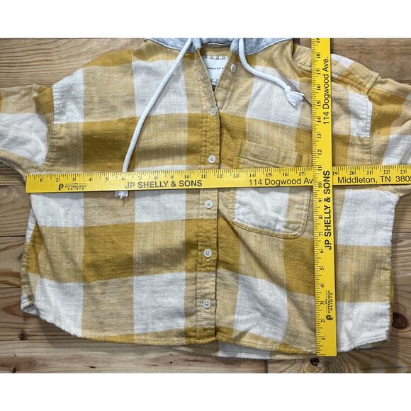 American Eagle Flannel Shirt Yellow Ivory Hooded Button Up Long Sleeve Size M - Picture 5 of 7